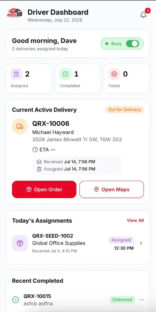 Quick Run Express driver portal